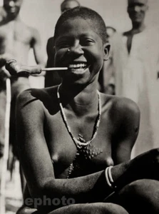 1952 Vintage AFRICA Black FEMALE NUDE Tribal Woman Smoking Pipe Large Photo Art - Picture 1 of 1