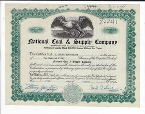 DELAWARE 1947 National Coal & Supply Company Stock Certificate - Imagen 1 de 2