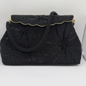 Vintage 50er 60er Jahre schwarz Perlen Abendtasche Handtasche Riemen goldfarben Metall - Bild 1 von 18