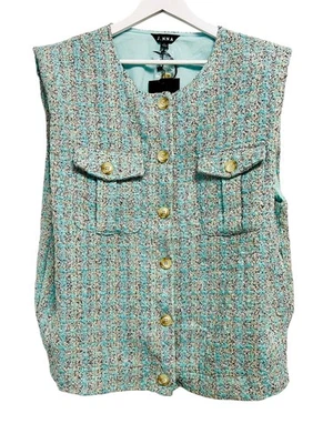 J.NNA Vest Womens Large Light Blue Check Tweed Button Front Padded Shoulder - image 1 of 4