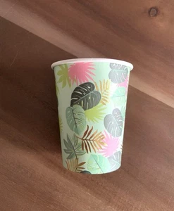 Tropical Paper Cups Set Of 8 Monstera Leaf Beach 8 Oz Cup Pink Green Gold Foil - Picture 1 of 3