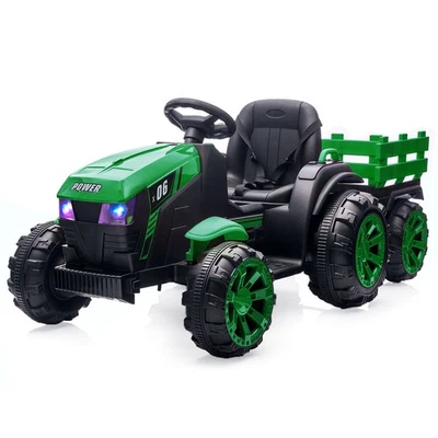 Tractor de paseo para niños con control remoto con remolque - batería de 12 V, motores dobles, verde Foto 1 de 4