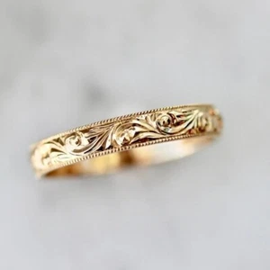14K Gold Floral Engraved Wedding Band Handmade Stackable Eternity Vine Ring - Picture 1 of 15