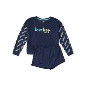 Justice Girls Navy Blue Low Key Fleece Long Sleeve Top & Sleep Short 2PC PJ Set - Picture 1 of 4