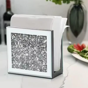 Decorative Napkin Holder with Crystal Design Elegant Mirrored Glass Frame14x13Cm - Picture 1 of 4