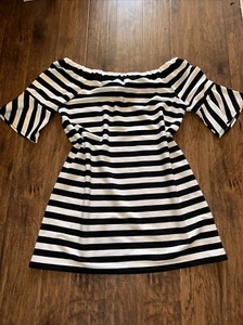 Ellen Tracy Black White Stripe Dress Sz XL Knee Length Shift 3/4 Bell Sleeves - Picture 1 of 6