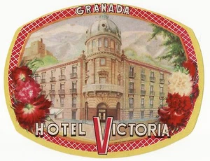 GRANADA SPAIN HOTEL VICTORIA BEAUTIFUL OLD LUGGAGE LABEL - Picture 1 of 1