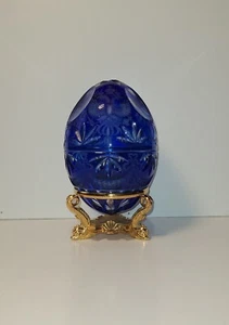 Vintage Cobalt Blue Cut to Clear Fabergé Crystal Egg with Imperial Eagle Motif N - Picture 1 of 3