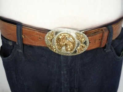 Vtg Justin Diamond Stitched Leather Ranger Belt X German Silver Western Buckle - Image 1 of 4