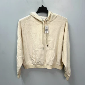 Cut & Paste Ivory Velour Long Sleeve Pullover Hoodie Size Large Elastic Hem - Picture 1 of 6
