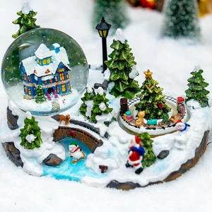 Christmas Village Snow Globe with Rotating Train Music Box, Automatic Snowfall, - Picture 1 of 9
