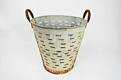 Olive Bucket/Basket Vintage, Galvanized Metal Bucket Cover