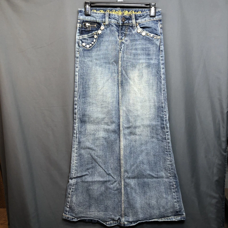 Dollhouse Long Denim Skirt Size 0 37" Length Stretch Rock Hippie Alt Studded Y2K - Image 1 of 4