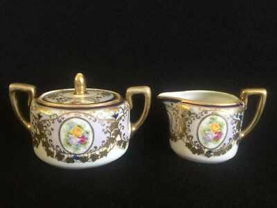 NORITAKE Morimura Bros COVERED CREAMER & SUGAR ~ Gold Beads & Floral c.1920-1945 - image 1 of 4
