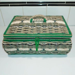 Vintage Japan Tan & Green Wicker Rattan Sewing Basket 10" x 7" x 4.5" - Picture 1 of 10