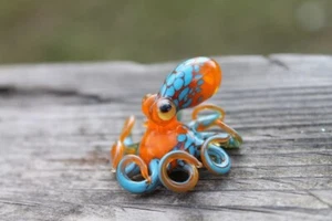 Blown Glass Orange and Blue Octopus glass figurine Octopus Glass - Picture 1 of 7