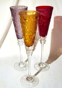 (3) Michael Weems ELISE Art Glass Champagne Flutes – Red Amber & Purple - 2005 - Picture 1 of 11