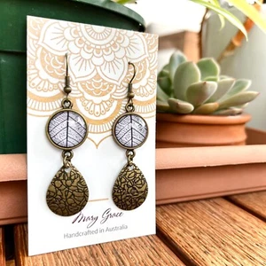 White Leaf and Brass Teardrop Dangle Earrings, Rustic Nature Inspired Boho - Picture 1 of 7