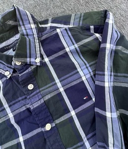 Tommy Hilfiger Shirt Mens Large Blue Green Plaid Button Down Long Sleeve Logo - Picture 1 of 12