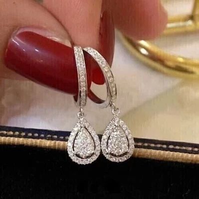 2.20Ct Round Real Moissanite Drop & Dangle Earring 14K White Gold Plated Silver - Image 1 of 4