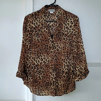 Coral Bay Leopard Print Blouse Button Metallic 3/4 Sleeve Cuffed  Women's Size L - Image 1 of 4