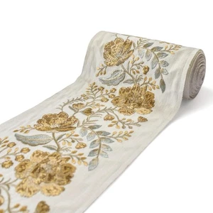 Antique Gold Bloom Embroidered Border, Botanical Embroidery Trim for Curtain - Picture 1 of 7