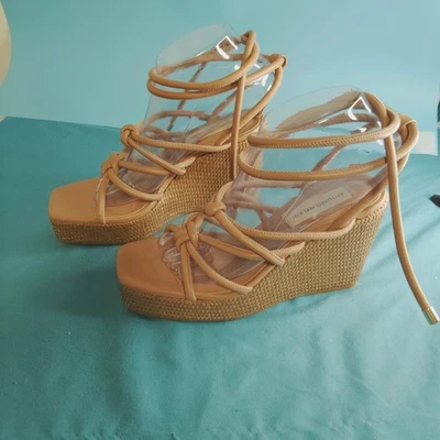 ANTONIO MELANI Tan Leather Ankle Wrap Tie Gladiator Wedge Espadrille Sandals 7.5 - Image 1 of 4