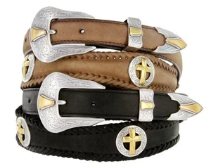 Men's Western Gold Cross Concho Genuine Cowboy Leather Jean Belt Black Brown - Picture 1 of 4