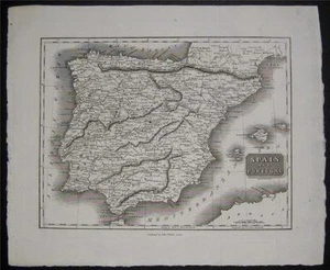 1824 Original Antike Karte von Spanien & Portugal Gibraltar - Bild 1 von 1