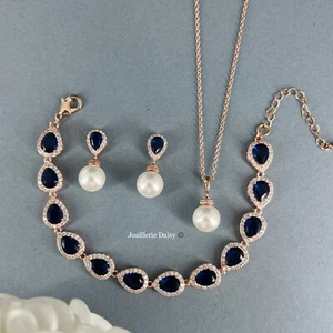 CZ Wedding Sapphire Teardrop Rose Gold Necklace Bracelet Earrings Bridal Jewelry - Bild 1 von 11