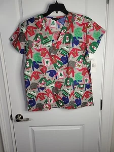 Cassandra O Christmas Ugly Sweater V Neck Gray Scrub Top Women's Medium NWT - Picture 1 of 7