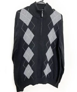 ☆Men's Daniel Bishop 100% Cashmere Argyle 1/4 Zip Mockneck Sweater • Black • XL - Picture 1 of 9