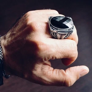 Mens Ring Bold Statement Silver 925 Sterling Artisan Jewelry Onyx free resizing - Picture 1 of 10