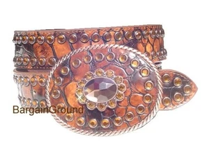 Brown Firecut Rhinestone Crystal Croco Leather Belt SM - Imagen 1 de 1