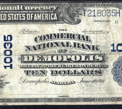 🇺🇸 AL  1902 $10 ♚♚ DEMOPOLIS, ALABAMA ♚♚ PMG VERY FINE 20 HARD TO FIND! - Image 1 of 3