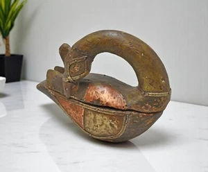 Estatuilla de pájaro pato de madera vintage original tallada a mano latón cobre equipada - Imagen 1 de 7