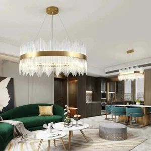Modern Led Crystal Chandeliers Round Luxury Gold Crystal Hanging Lights - Picture 1 of 26
