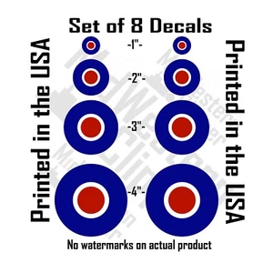 8 RAF Type C UK Roundel decal stickers 2x 1" 2" 3" 4" included - Foto 1 di 6