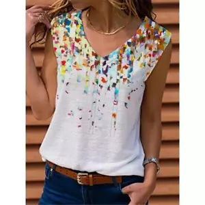 New Women V-Neck Printing Sleeveless Vest Women's Top ank Tops Casual Pullover - Picture 1 of 5