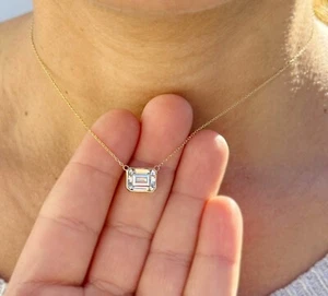Emerald Cut Moissanite Pendant and Gold Chain Bezel Set 14K White Gold 3.50ct - Picture 1 of 9