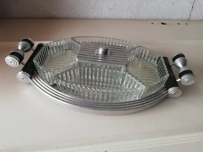 Serviteur art déco plateau apéritif ancien bois et verre et métal argenté - Photo 1/4