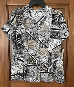 Dana Buchman Blouse Womens L Short Sleeve Button Up Animal Print Brown Black - Picture 1 of 5