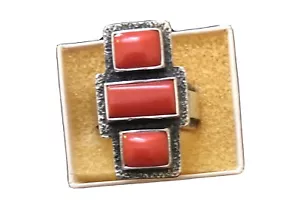 HARRISON JIM NAVAJO ARTIST STERLING SILVER THREE CORAL STONES RING SIGNED - Picture 1 of 6