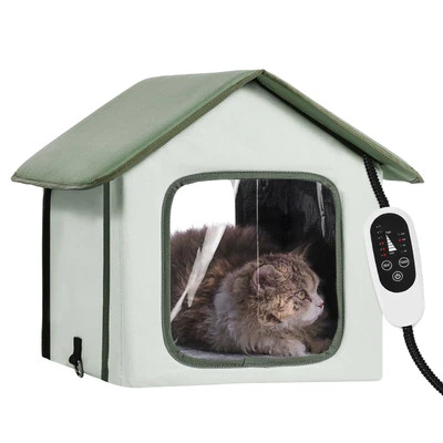 Elevated Heated Cat House Outdoor Kitty Shelter with Heated Pad Green (S) - Image 1 of 4