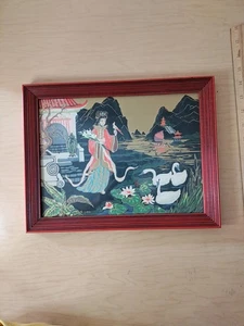 Vintage H Calpini Asian Framed Garden Print - Swan, Flowers, Gold - 13.5"x10.5" - Picture 1 of 14