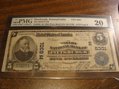 1902 $5 National Bank Mellon National Bank of Pittsburgh, PA - 6301  PMG VF 20 - Image 1 of 4