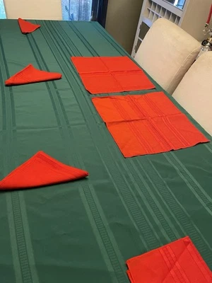 6 Red Napkins & Green Rectangular Tablecloth Pattern-Stitched Stripes 100”x60” - Image 1 of 4