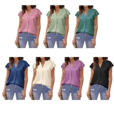 Women Casual Flutter Sleeve Tunic T-Shirt V-Neck Pleated Loose Satin Blouses Top - Image 1 of 4