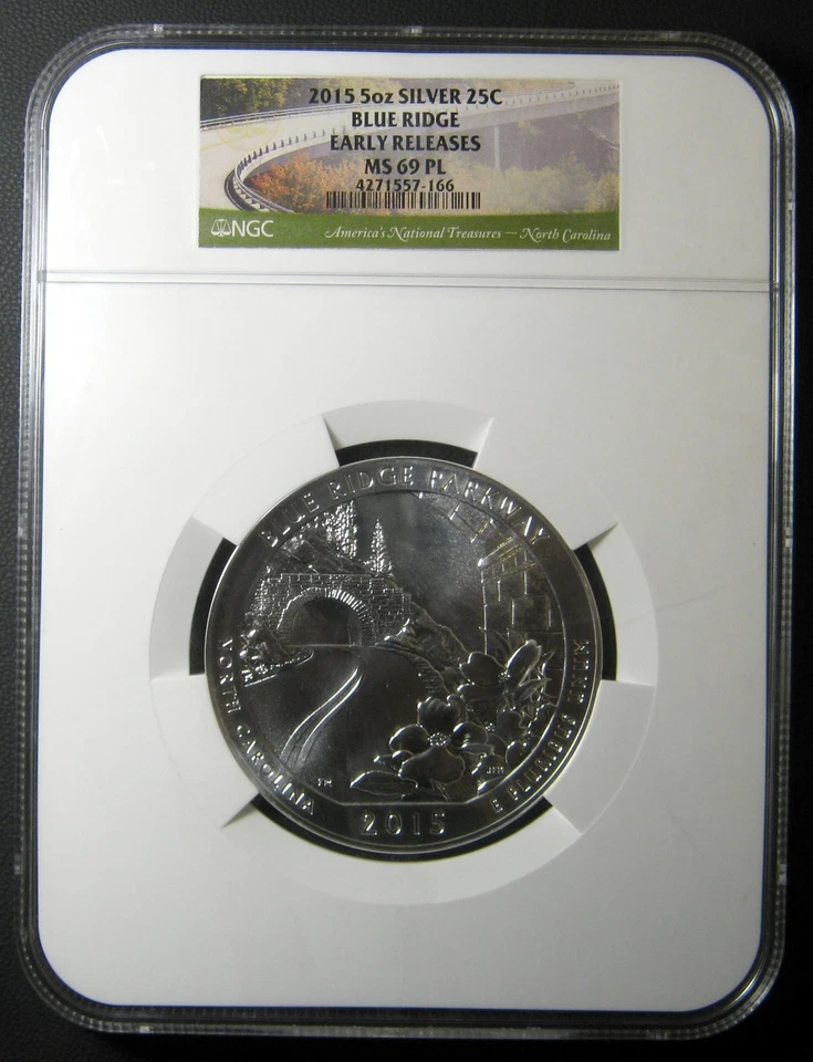 2015 BLUE RIDGE, NORTH CAROLINA.  ATB 5 OZ SILVER QUARTER.  NGC MS69 PL. - Image 1 of 1