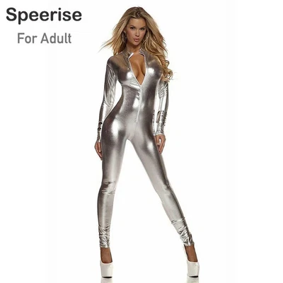 FASHION LIFESTYLE4YOU Sexy Damen Glänzender Metallischer Overall Bodysuit Catsuit Clubwear Fetisch